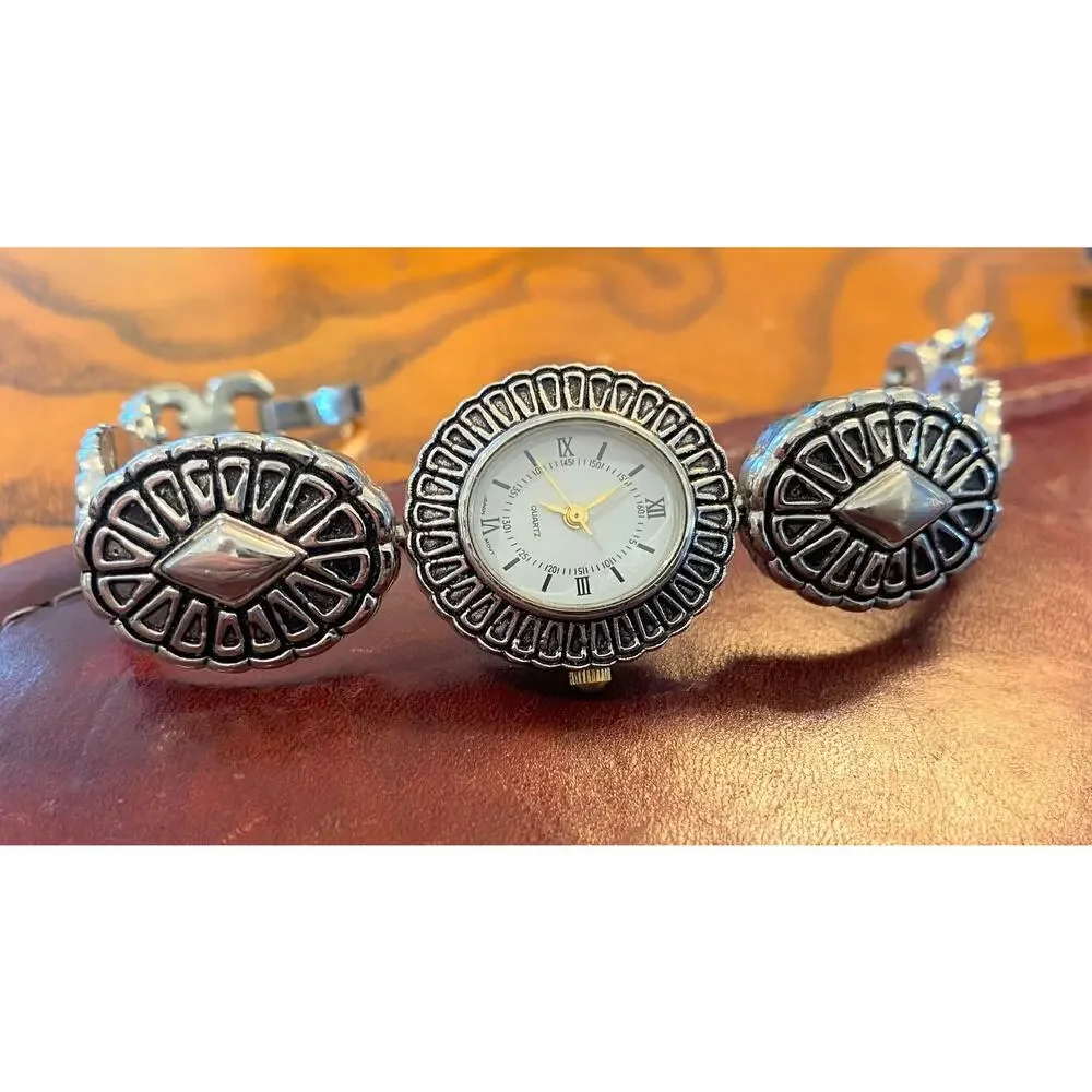 Women's Silver Tone 25mm Deco Style Watch, Intricate Design